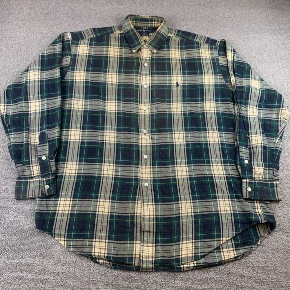 Vintage Ralph Lauren Blake Shirt Men L 100% Cotton Pony Logo Plaid Hong Kong